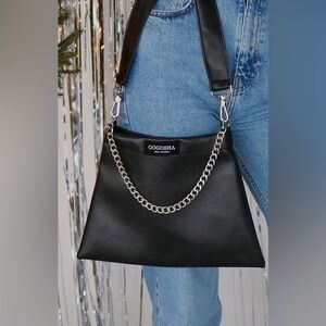 GOGOSHA Black Shoulder Bag with Silver Chain Accent